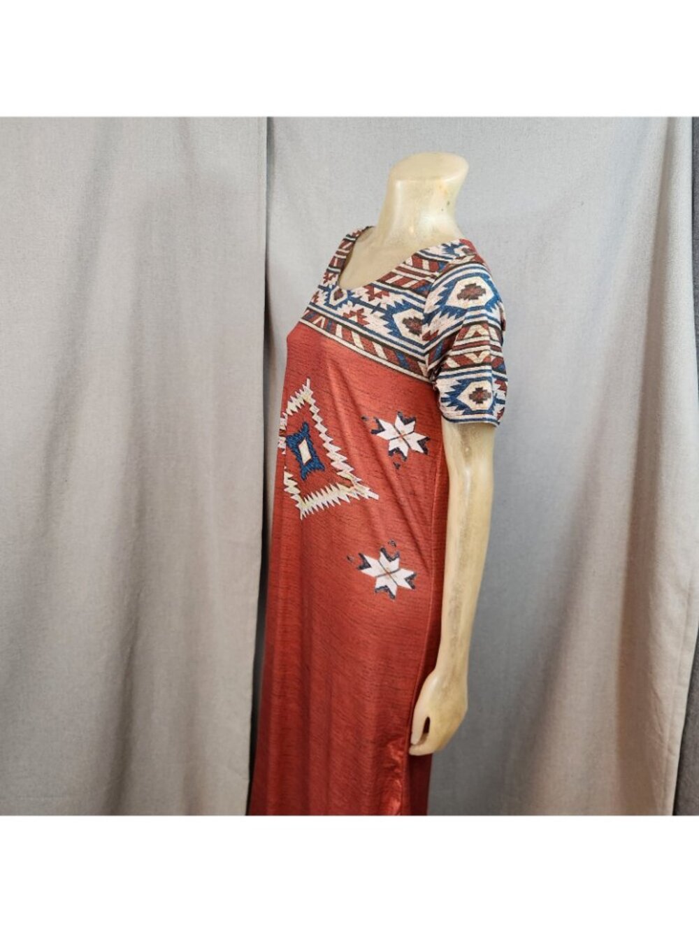 Southwestern Style Blue Orange Pattern Short Slv Scoop Nck Long Dress Maxi LARGE - Picture 5 of 9